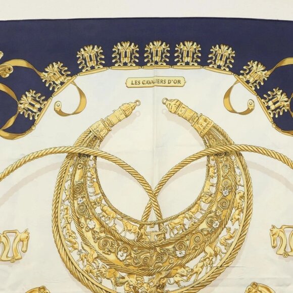 HERMES Carre 90 Scarf ""LES CAVALIERS D'OR"" Silk Navy Auth - Picture 3 of 15